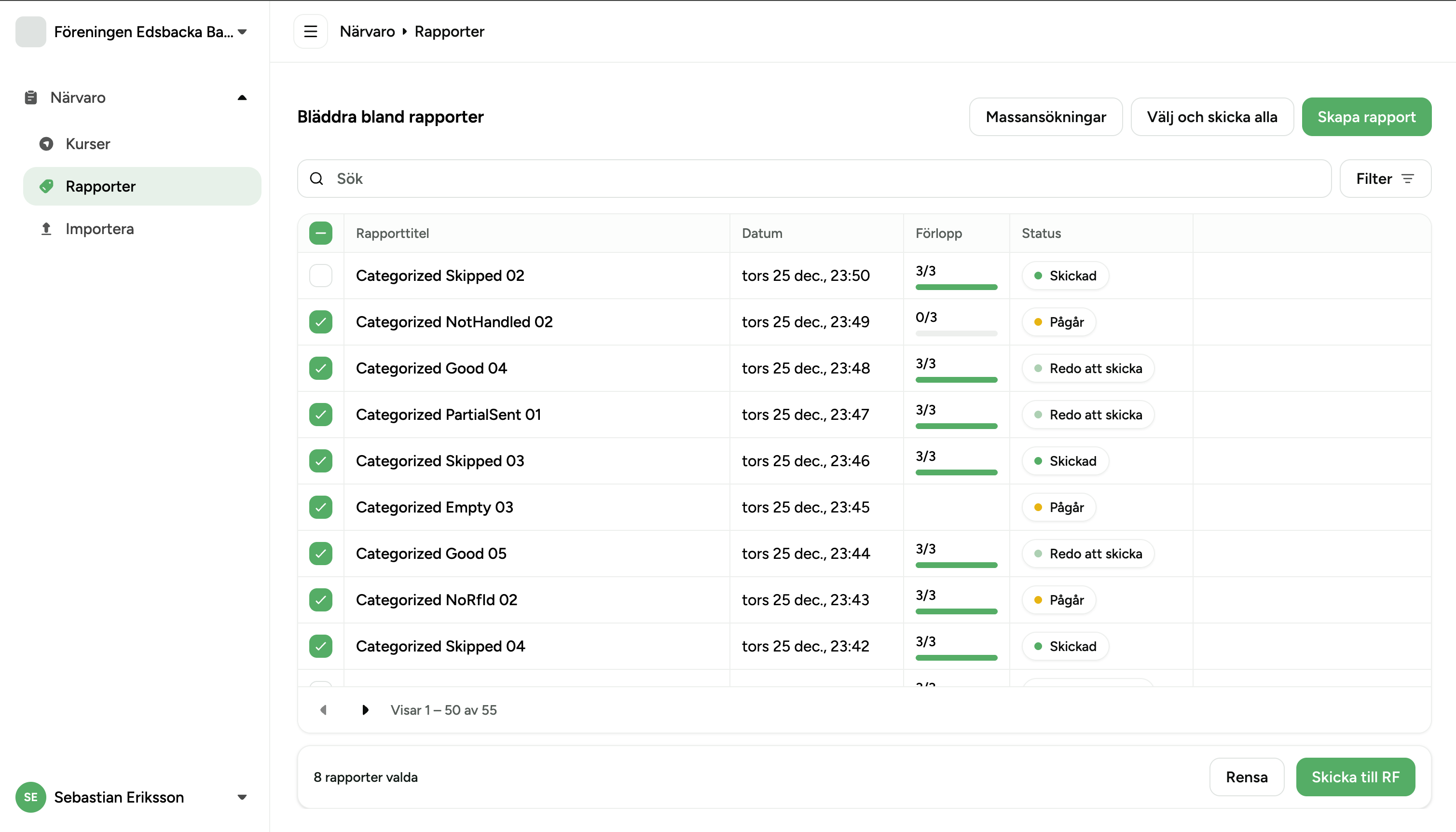 Reports table with checkbox column and selection footer showing 3 reports selected, Clear, Send to RF