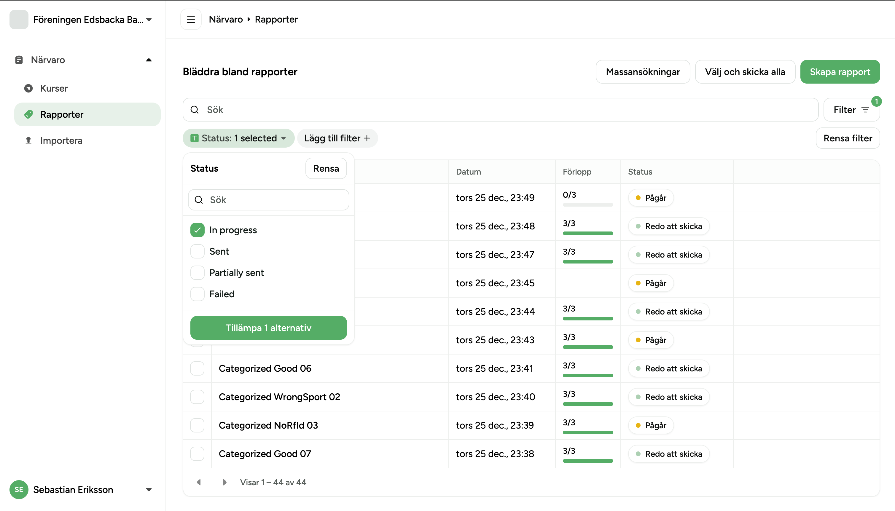 Status filter set to Ready to send, header checkbox selected, Send to RF footer visible
