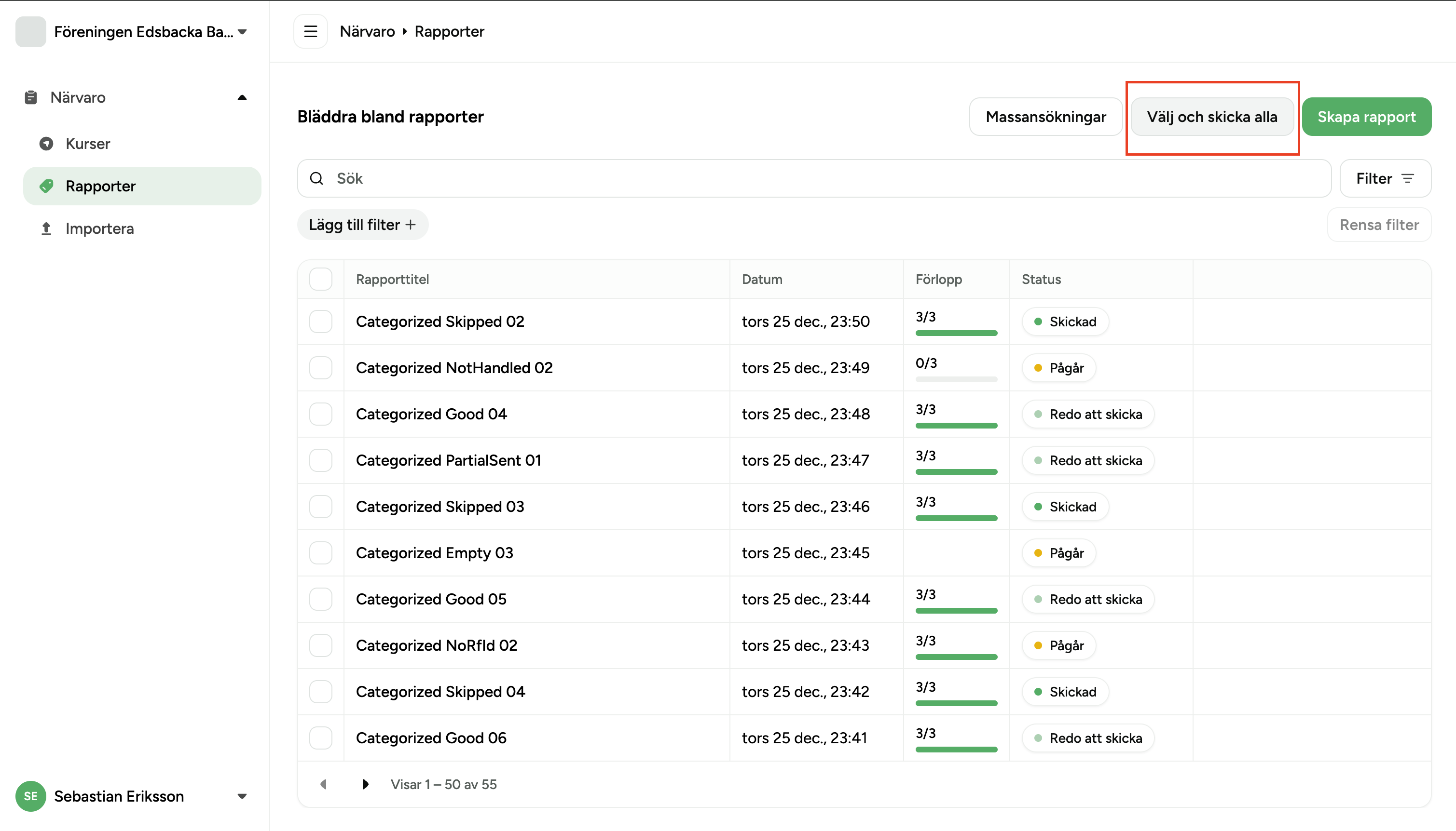 Toolbar with Bulk submissions and Select and send all buttons
