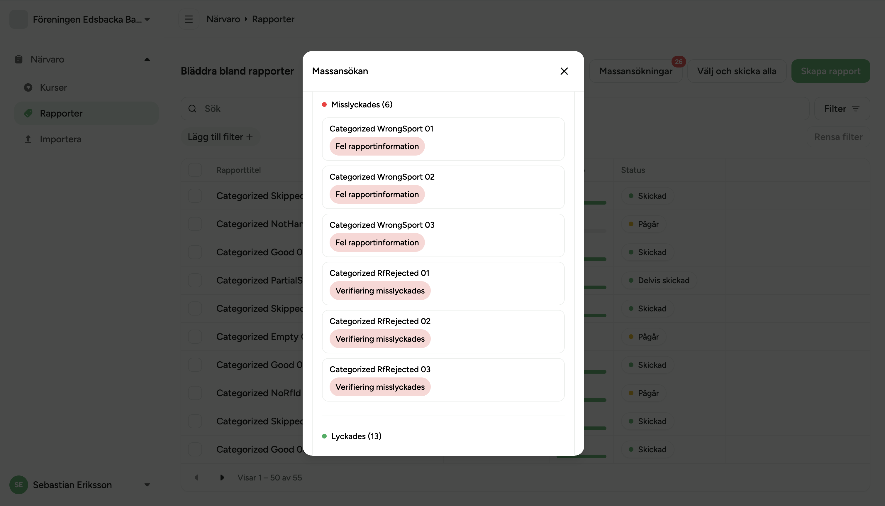 Expanded batch card showing Not eligible, Partially sent, and Failed sections