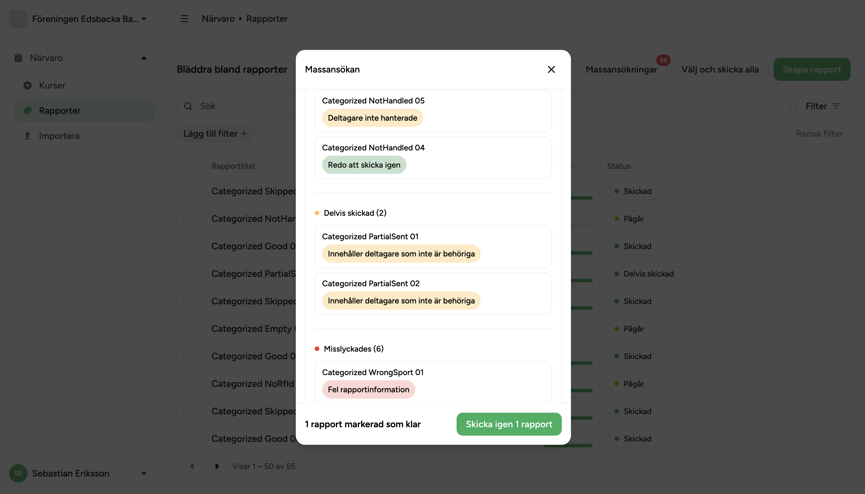 Bulk Submission dialog footer showing 2 reports marked ready, Re-send 2 reports