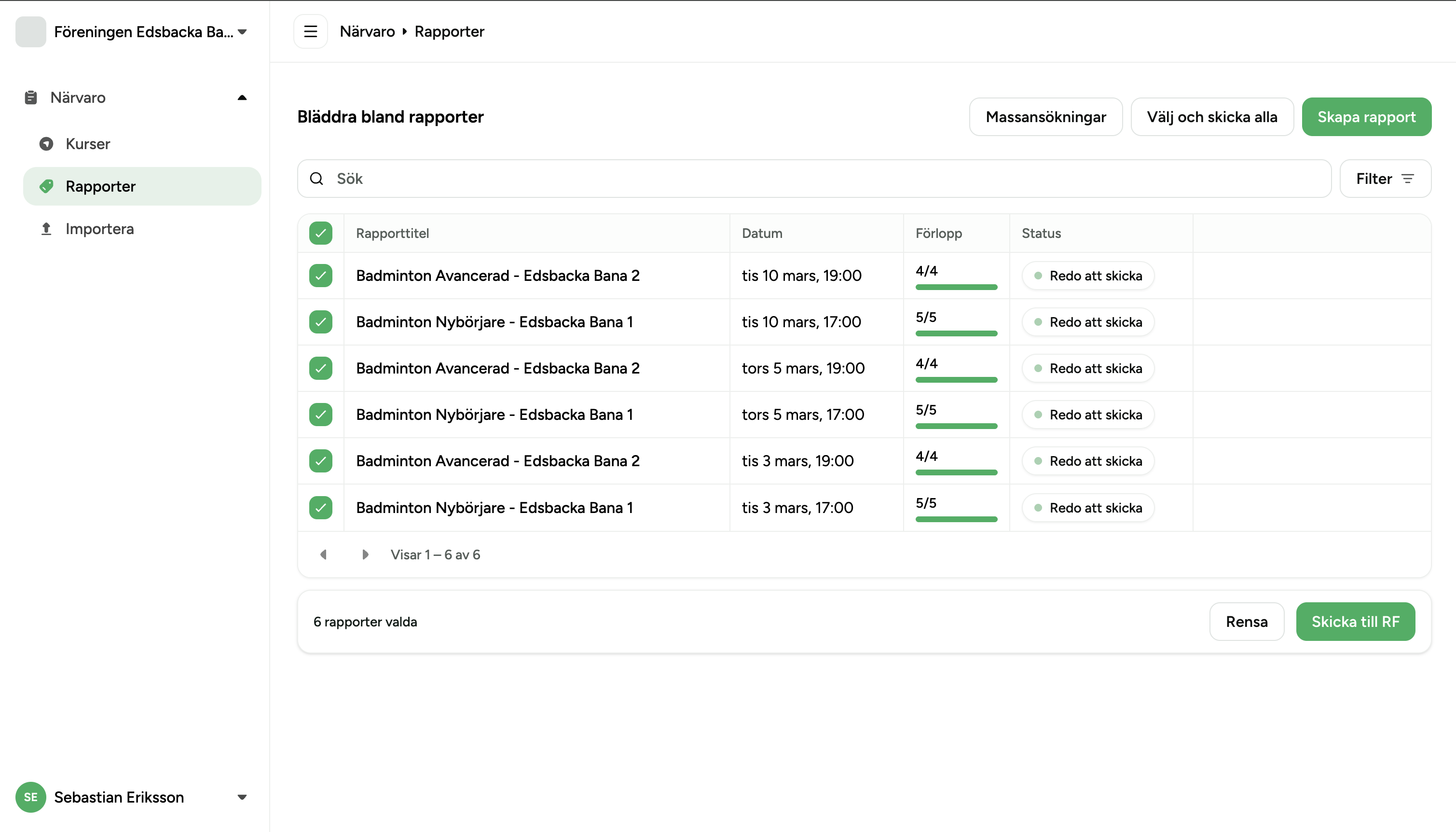 Reports list with checkboxes selected and Send to RF footer visible