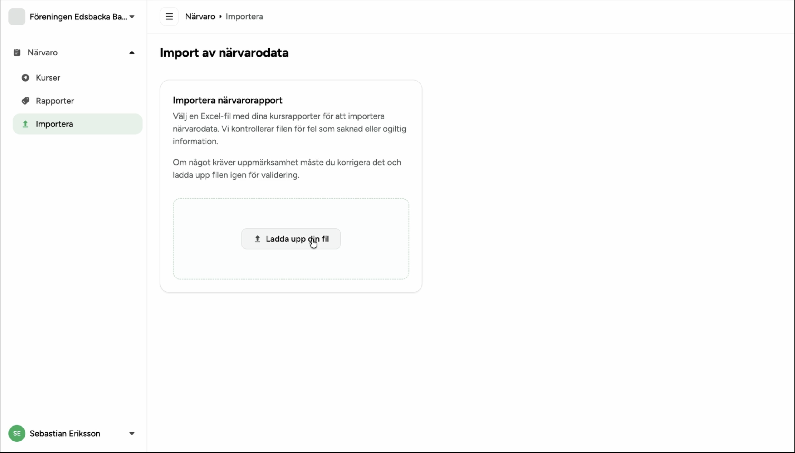 Import page with upload dropzone