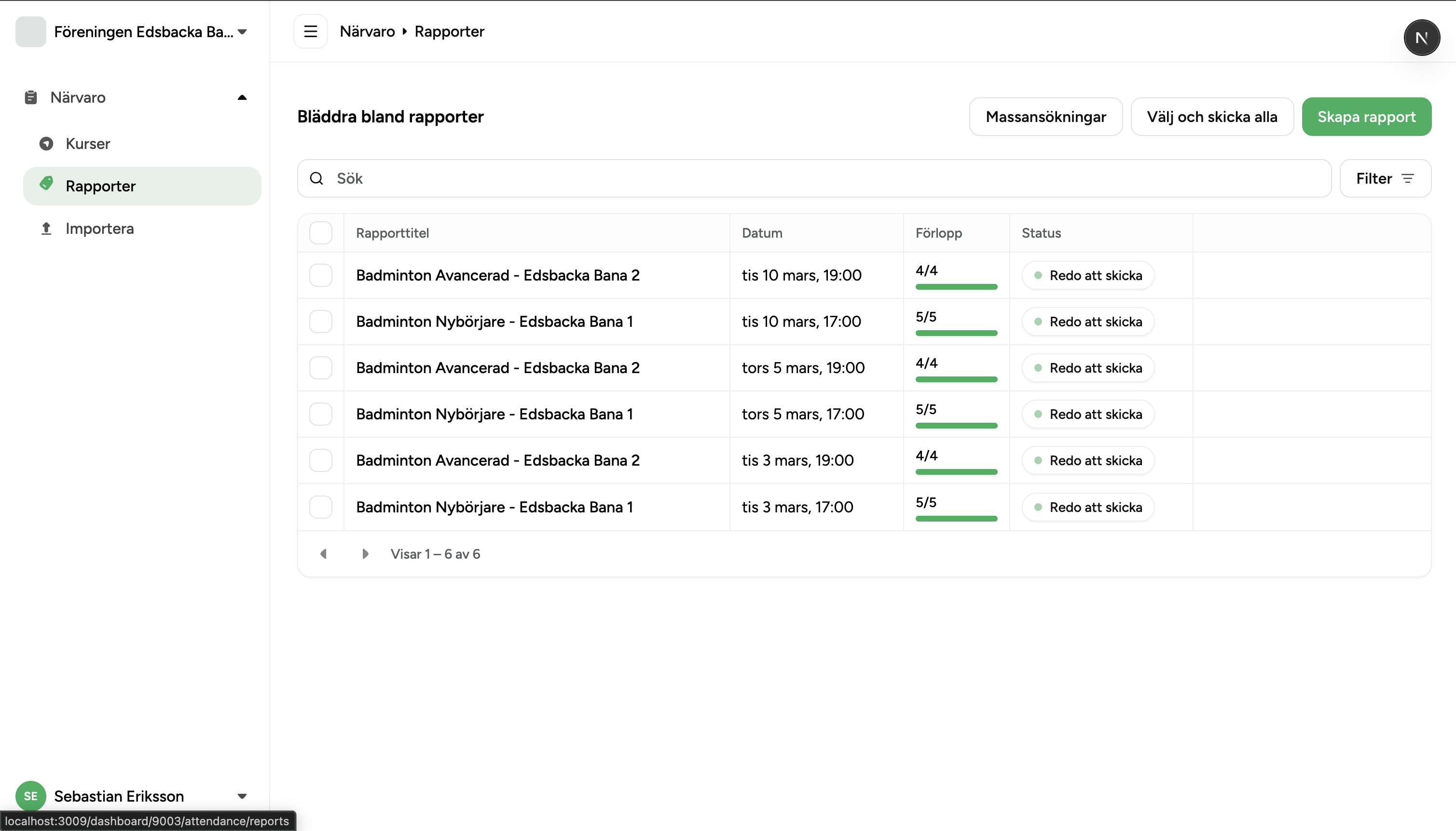 Reports list filtered by In progress showing imported reports
